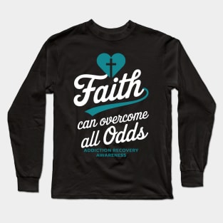 Addiction Recovery Awareness Christian Cross Teal Ribbon Long Sleeve T-Shirt